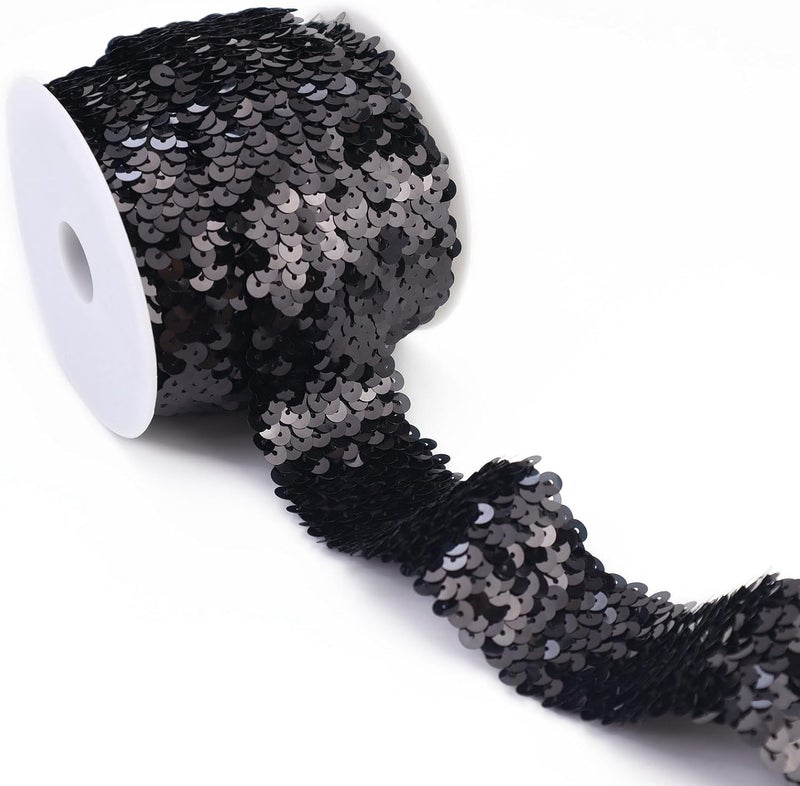 GXTIZAS Elastic Sequin Ribbon Trim 1.6 Inch Wide Black Metallic Sequins Trim 5 Yards Stretch Lace for Sewing Clothes Home Party Decoration - Image 1